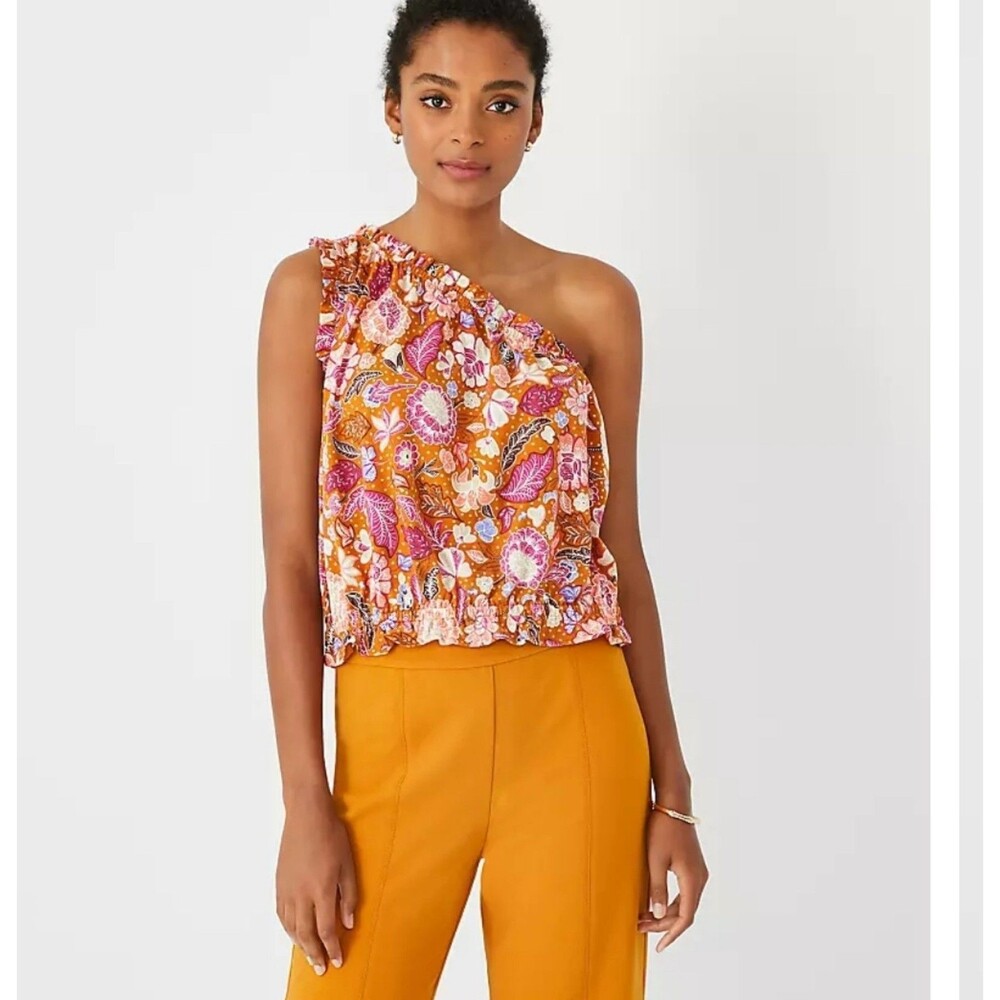 Ann Taylor Tan Floral Batik One Shoulder Ruffle Accent Blouse Size Large